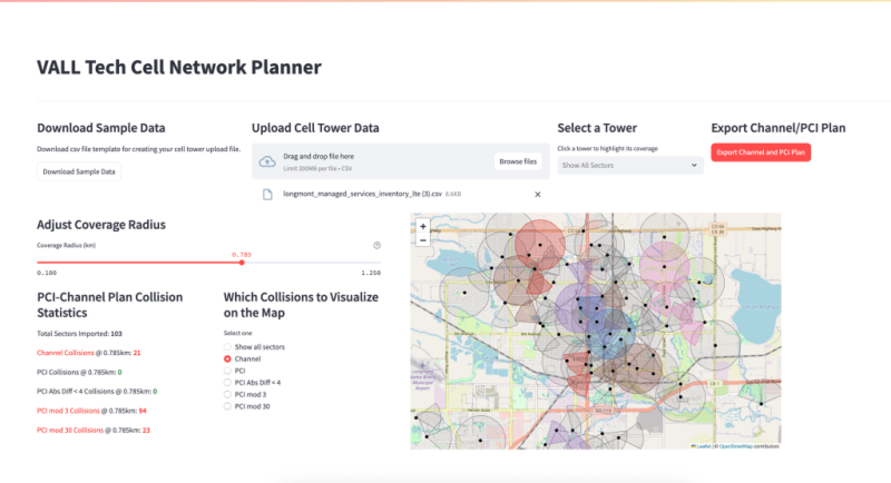 PCI/Channel Planning Tool interface showing network sector map and optimization controls